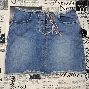 Bubblegum USA Women's light wash denim miniskirt vintage y2k lace up corset
